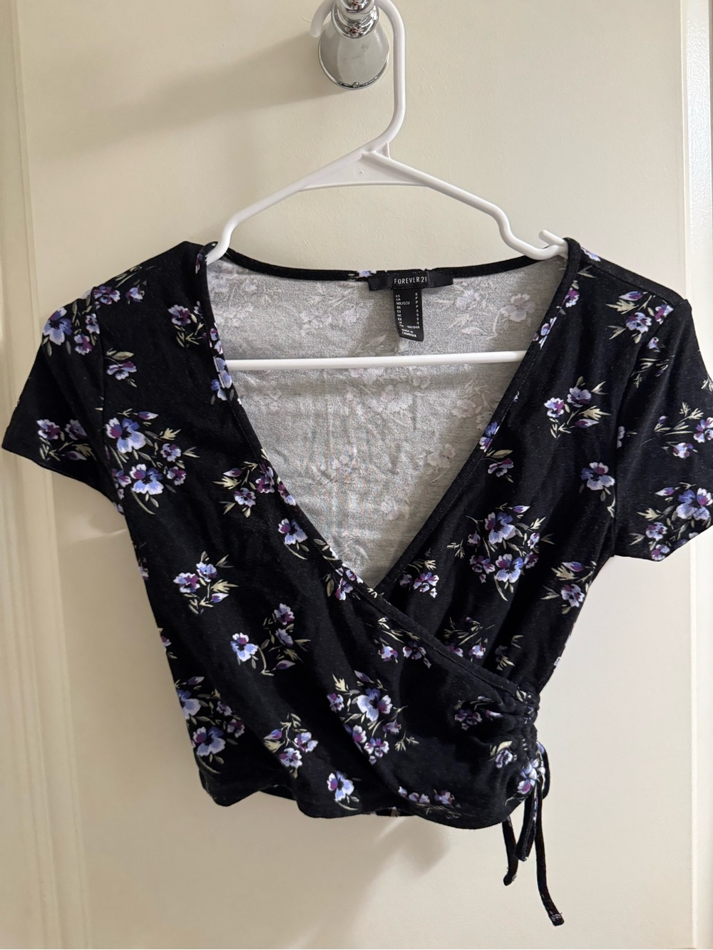 Forever 21 Black Floral Wrap Crop Top with Lavender Blooms